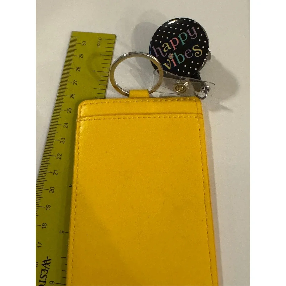 Boogee Beads Yellow Faux Leather Retractable Badge Reel ID Pocket Happy Vibes